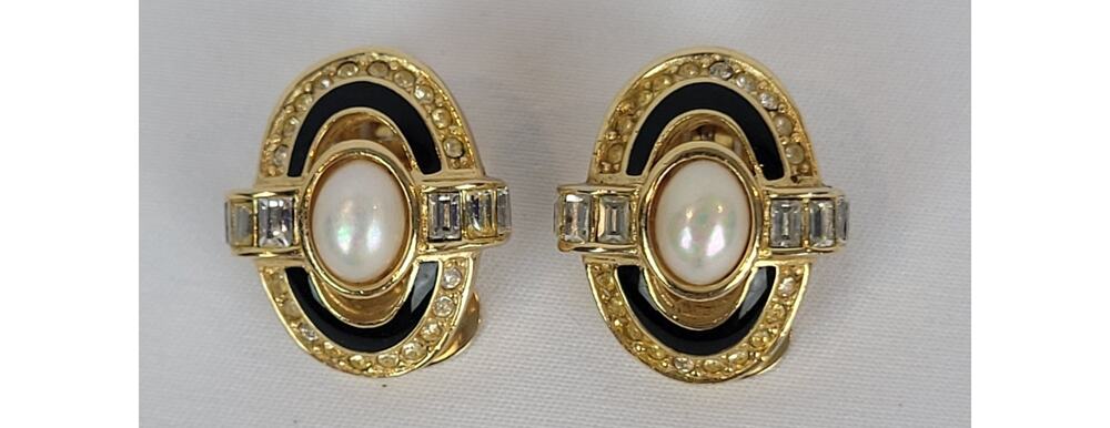 Christian Dior Vintage Black Enamel, Crystal & Faux Pearl Clip Earrings Signed